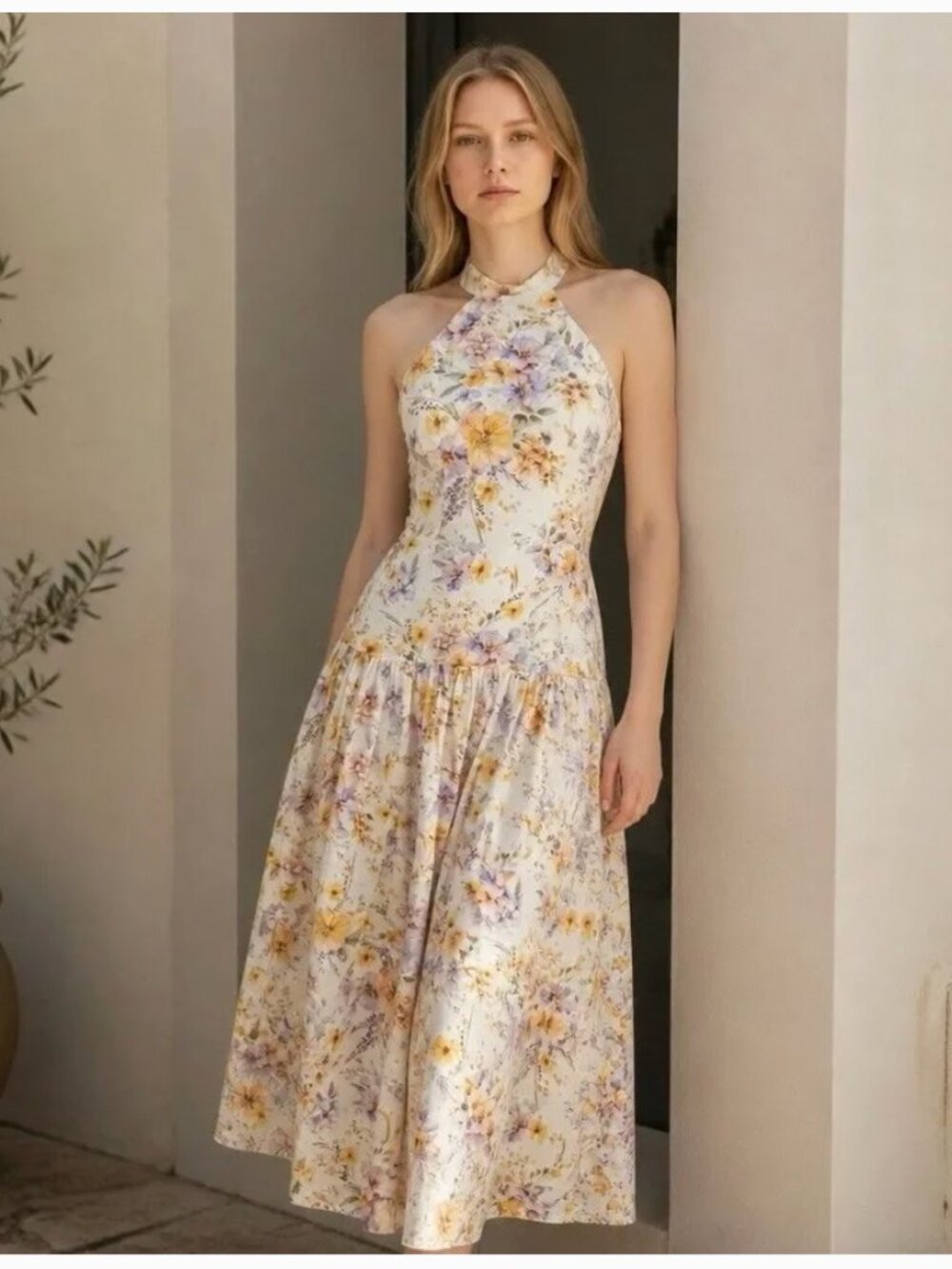 NWT Aqua Blu Australia Lilas Maxi Dress Floral Drop Waist Halter Silk Cotton S